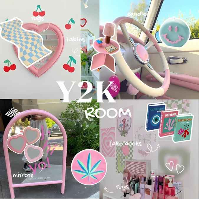 Collage of Y2K-themed room decor items including mirrors, books, and rugs.