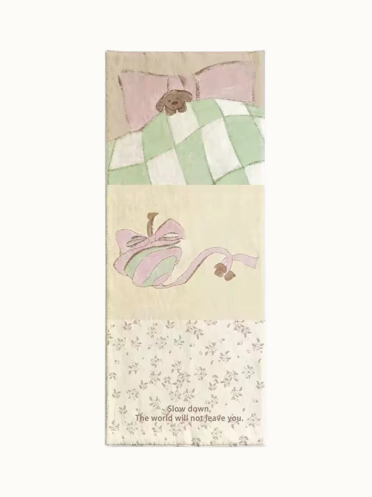 A yellow floral rug shows a dog under green checks, a ribbon wrapped apple and tiny floral sprigs.
